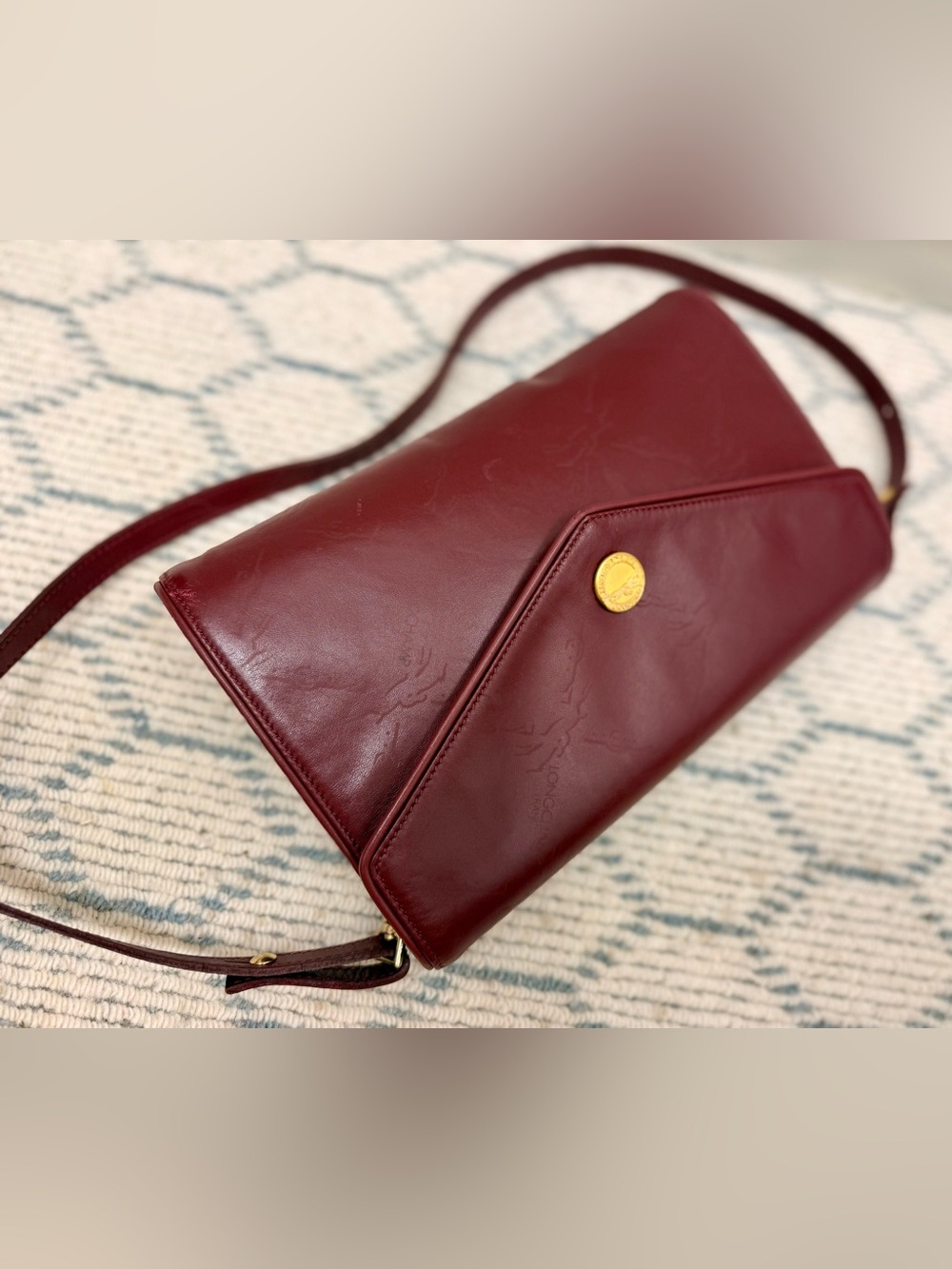LONGCHAMP Vintage 80’s Rare Burgundy Embossed Horse Leather Crossbody Clutch - Picture 6 of 16